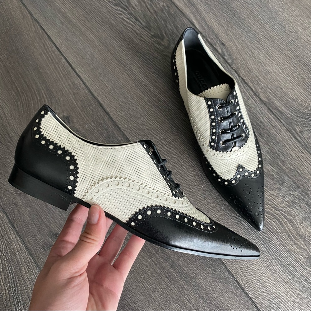 Gucci Brogues Black White Lace Up Oxford Flat